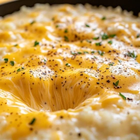 Close-up of Cheesy Cauliflower Rice Skillet showing texture, layers, and glossy finish