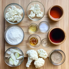 Step-by-step preparation of Korean Baked Cauliflower Bites showing ingredients and initial cooking steps