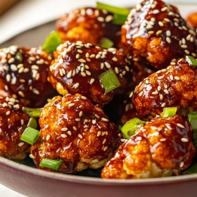 Close-up of Korean Baked Cauliflower Bites showing texture, layers, and glossy finish