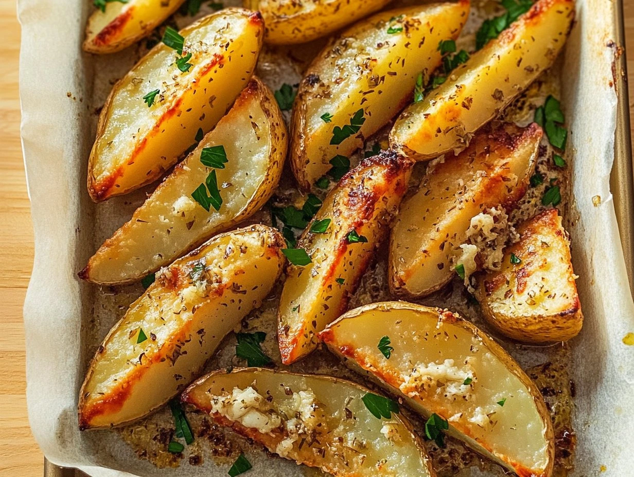 Perfectly cooked Garlic Parmesan Potato Wedges served and ready to eat - final result