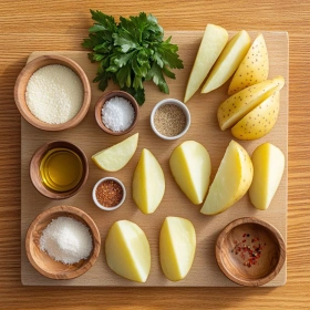 Step-by-step preparation of Garlic Parmesan Potato Wedges showing ingredients and initial cooking steps