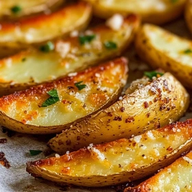 Close-up of Garlic Parmesan Potato Wedges showing texture, layers, and glossy finish