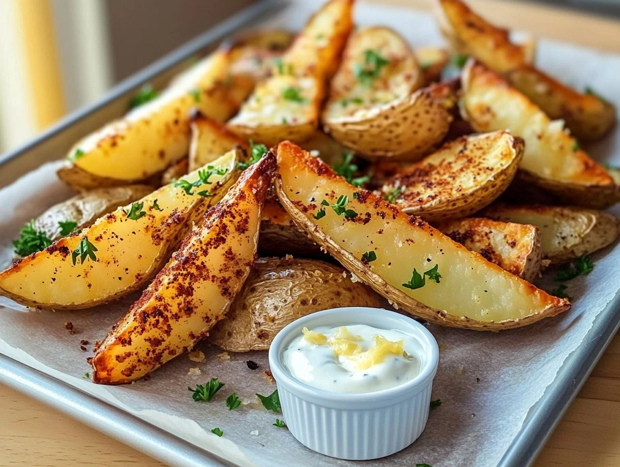 Perfectly cooked Crispy Potato Wedges with Garlic served and ready to eat - final result