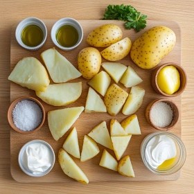 Step-by-step preparation of Crispy Potato Wedges with Garlic showing ingredients and initial cooking steps