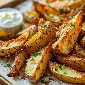 Close-up of Crispy Potato Wedges with Garlic showing texture, layers, and glossy finish