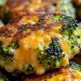Close-up of Crispy Broccoli Cheese Patties showing texture, layers, and glossy finish