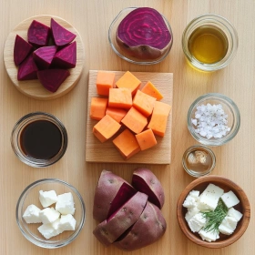 Step-by-step preparation of Creamy Roasted Beet Salad showing ingredients and initial cooking steps