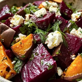 Close-up of Creamy Roasted Beet Salad showing texture, layers, and glossy finish