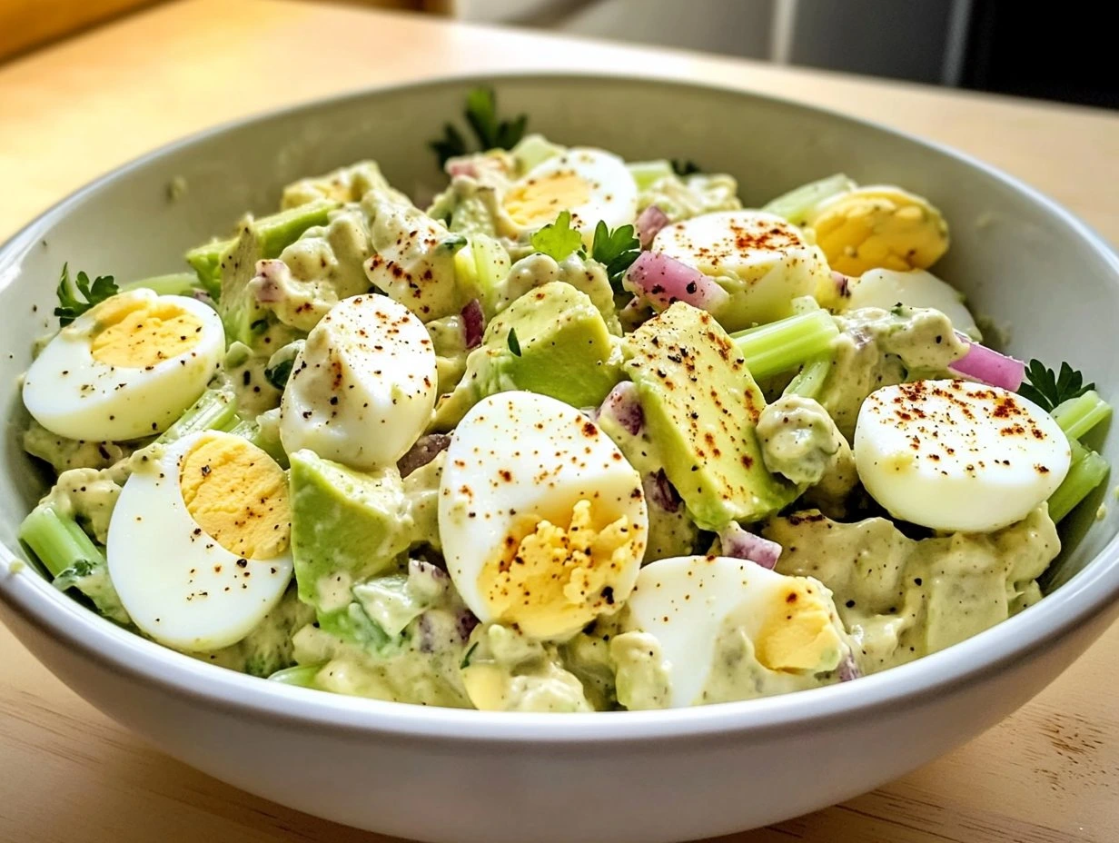 Perfectly cooked Creamy Avocado Egg Salad served and ready to eat - final result
