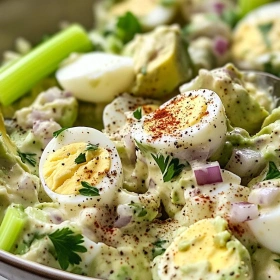 Close-up of Creamy Avocado Egg Salad showing texture, layers, and glossy finish