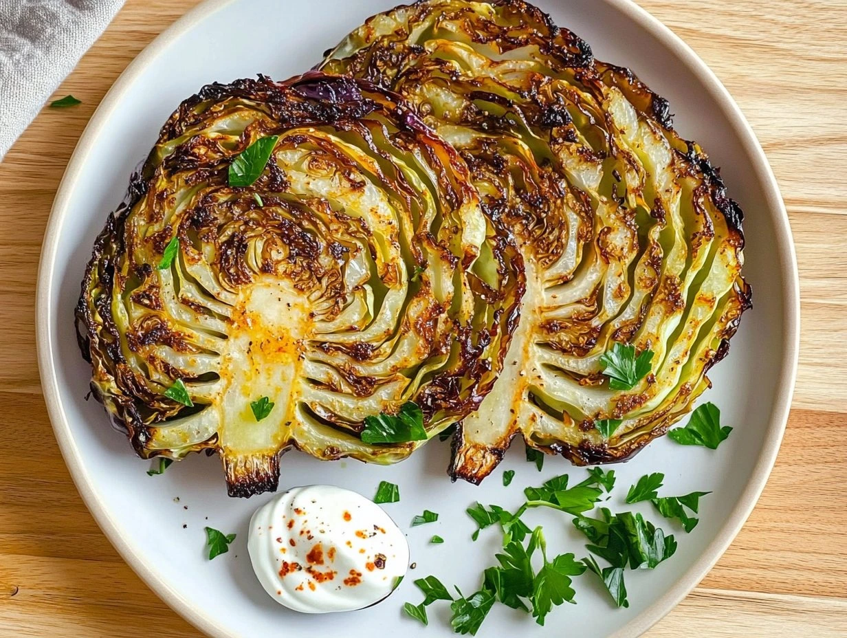 Perfectly cooked Crispy Roasted Cabbage Steaks served and ready to eat - final result