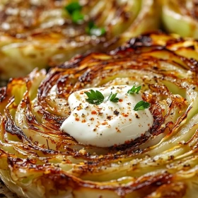 Close-up of Crispy Roasted Cabbage Steaks showing texture, layers, and glossy finish
