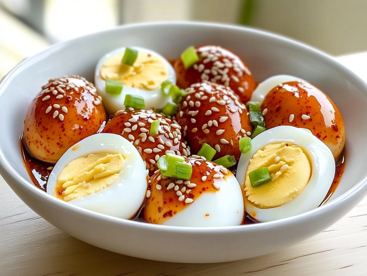 Perfectly cooked Spicy Gochujang Marinated Eggs served and ready to eat - final result
