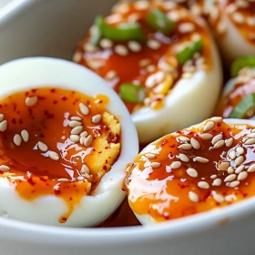 Close-up of Spicy Gochujang Marinated Eggs showing texture, layers, and glossy finish