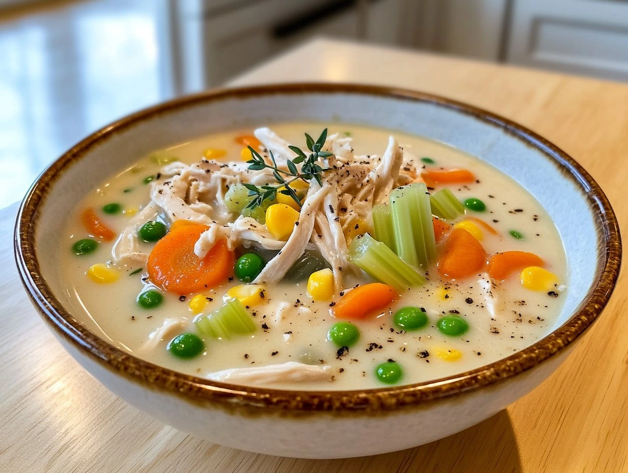 Perfectly cooked Creamy Chicken Pot Pie Soup served and ready to eat - final result