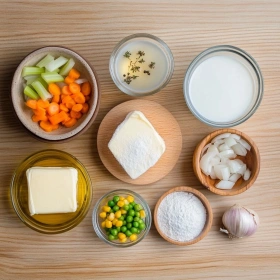 Step-by-step preparation of Creamy Chicken Pot Pie Soup showing ingredients and initial cooking steps