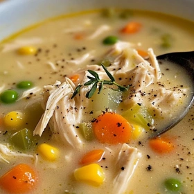 Close-up of Creamy Chicken Pot Pie Soup showing texture, layers, and glossy finish