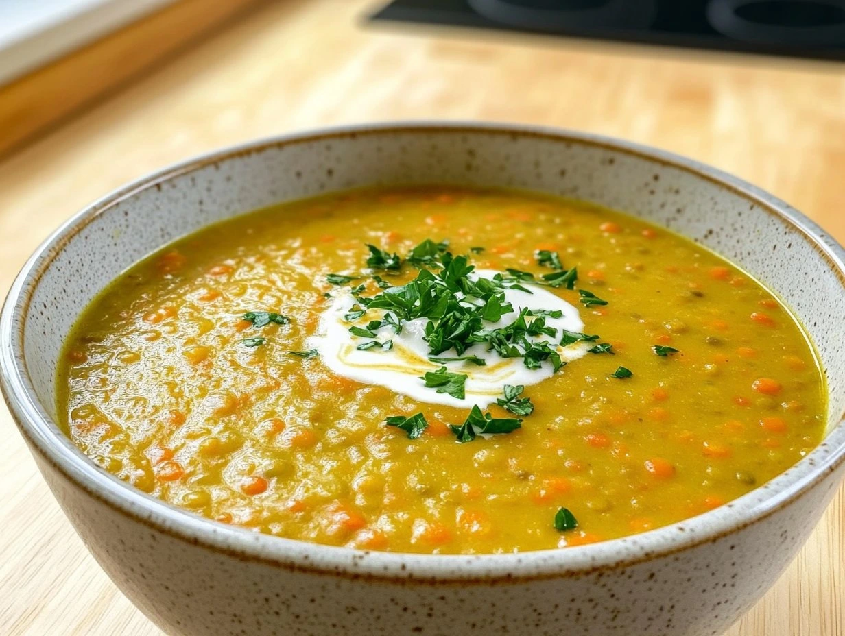 Perfectly cooked Creamy Coral Lentil Carrot Soup served and ready to eat - final result