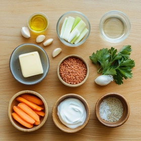 Step-by-step preparation of Creamy Coral Lentil Carrot Soup showing ingredients and initial cooking steps
