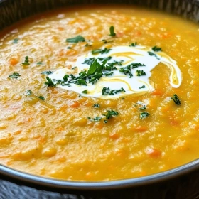 Close-up of Creamy Coral Lentil Carrot Soup showing texture, layers, and glossy finish