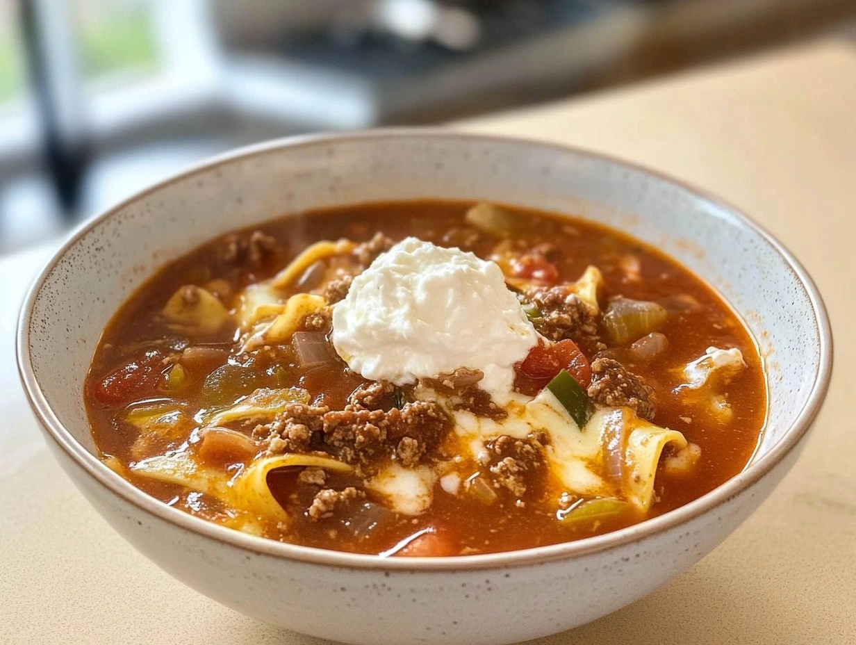 Perfectly cooked Dairy Free Lasagna Soup served and ready to eat - final result
