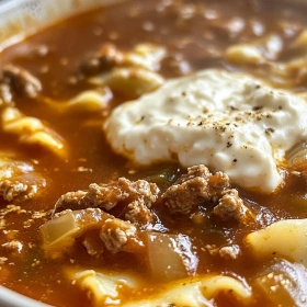 Close-up of Dairy Free Lasagna Soup showing texture, layers, and glossy finish