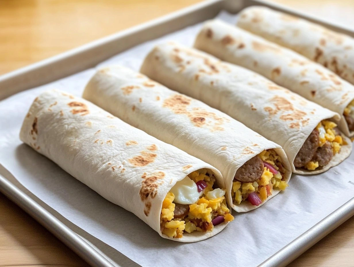 Perfectly cooked Sheet Pan Breakfast Burritos served and ready to eat - final result