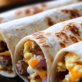 Close-up of Sheet Pan Breakfast Burritos showing texture, layers, and glossy finish