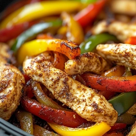 Close-up of Air Fryer Chicken Fajitas showing texture, layers, and glossy finish