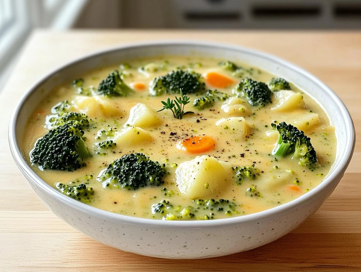 Perfectly cooked Creamy Broccoli Potato Cheese Soup served and ready to eat - final result