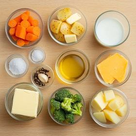Step-by-step preparation of Creamy Broccoli Potato Cheese Soup showing ingredients and initial cooking steps