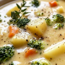 Close-up of Creamy Broccoli Potato Cheese Soup showing texture, layers, and glossy finish