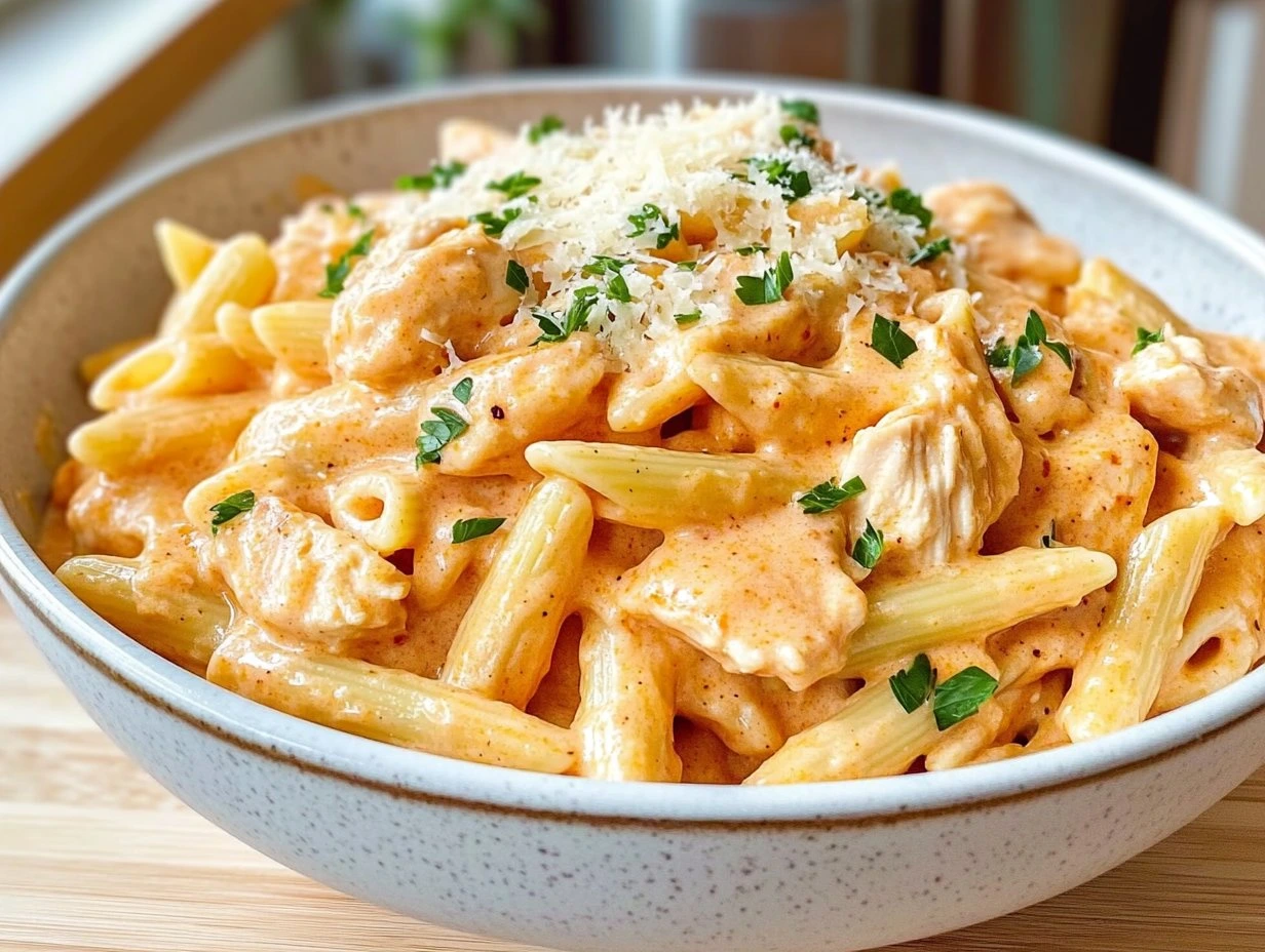 Perfectly cooked Creamy Chicken Parmesan Pasta served and ready to eat - final result