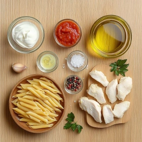 Step-by-step preparation of Creamy Chicken Parmesan Pasta showing ingredients and initial cooking steps