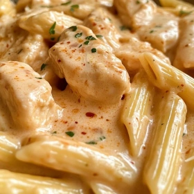 Close-up of Creamy Chicken Parmesan Pasta showing texture, layers, and glossy finish