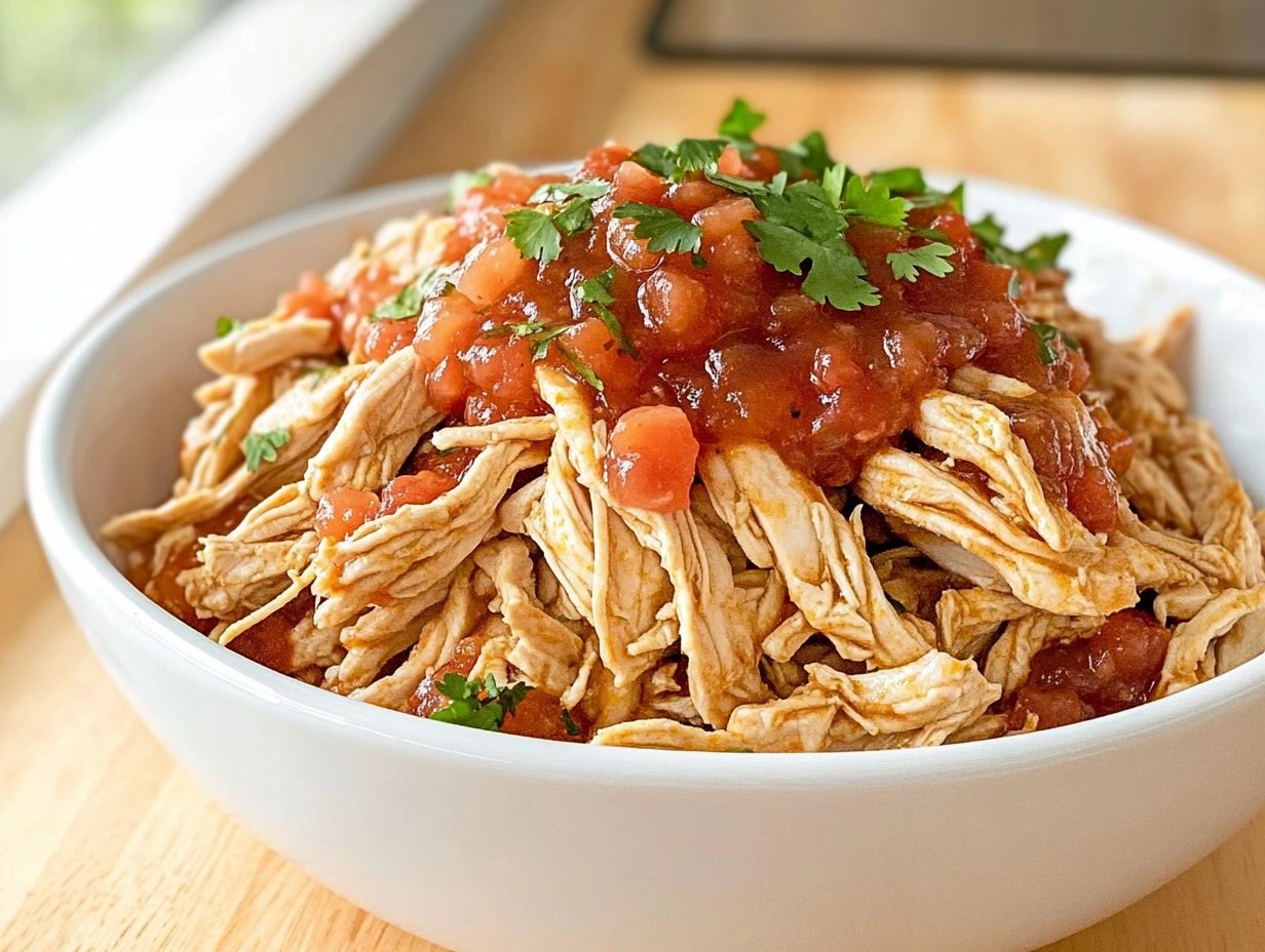Perfectly cooked 3-Ingredient Slow Cooker Salsa Chicken served and ready to eat - final result