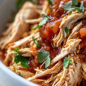 Close-up of 3-Ingredient Slow Cooker Salsa Chicken showing texture, layers, and glossy finish