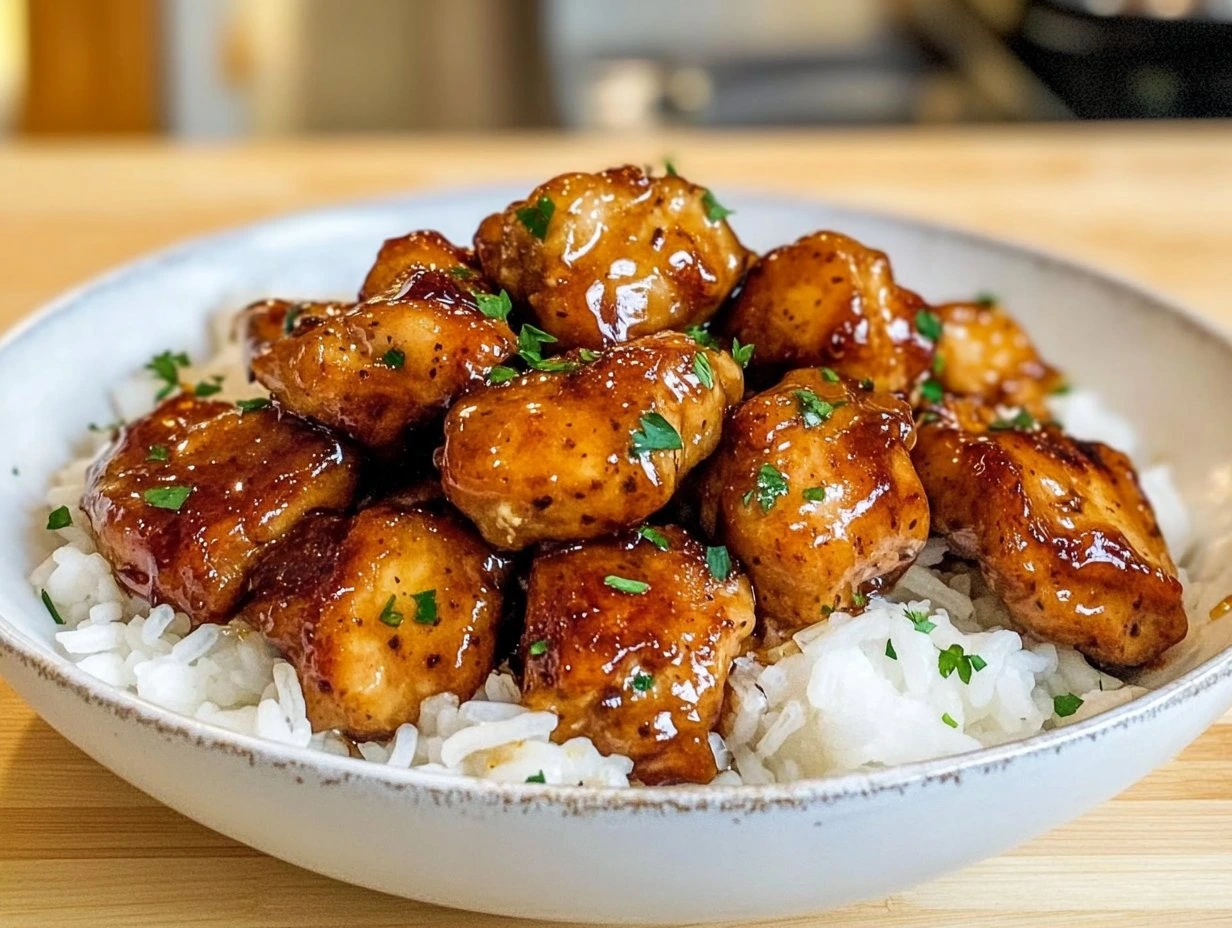 Perfectly cooked Sticky Honey Garlic Chicken Bites served and ready to eat - final result