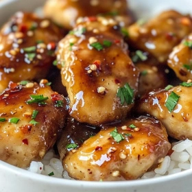 Close-up of Sticky Honey Garlic Chicken Bites showing texture, layers, and glossy finish