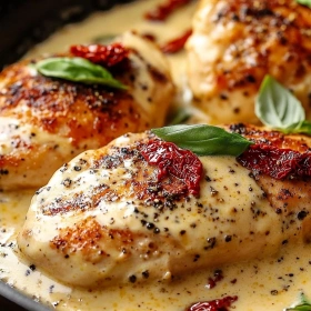 Close-up of Creamy Marry Me Chicken showing texture, layers, and glossy finish