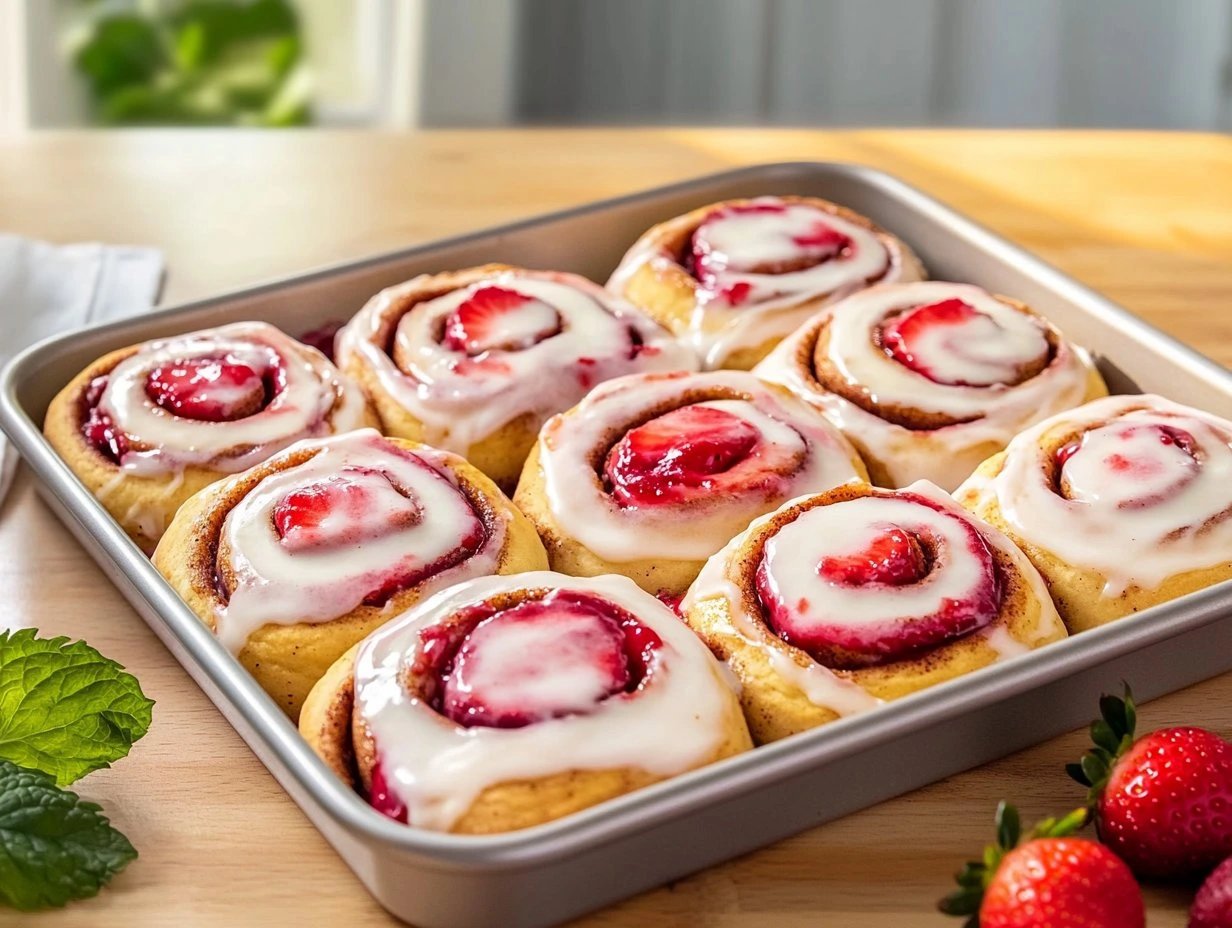 Perfectly cooked Strawberry Cheesecake Cinnabon Rolls served and ready to eat - final result