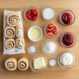 Step-by-step preparation of Strawberry Cheesecake Cinnabon Rolls showing ingredients and initial cooking steps