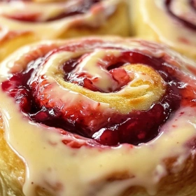 Close-up of Strawberry Cheesecake Cinnabon Rolls showing texture, layers, and glossy finish