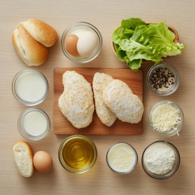Step-by-step preparation of Crispy Chicken Caesar Sandwich showing ingredients and initial cooking steps
