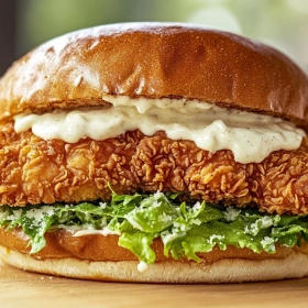 Close-up of Crispy Chicken Caesar Sandwich showing texture, layers, and glossy finish