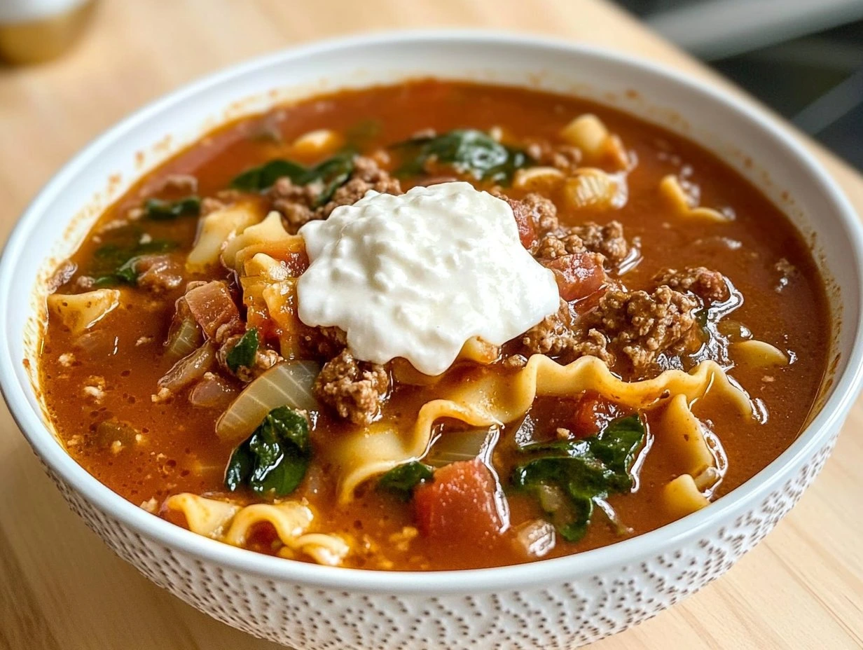 Perfectly cooked Dairy Free Lasagna Soup served and ready to eat - final result