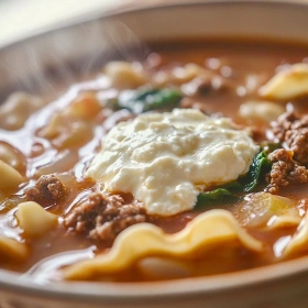 Close-up of Dairy Free Lasagna Soup showing texture, layers, and glossy finish