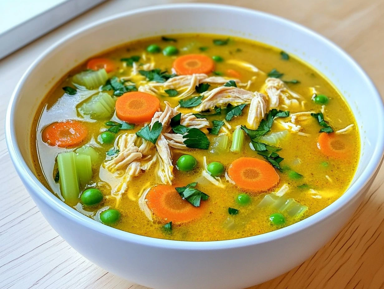 Perfectly cooked Anti-Inflammatory Turmeric Chicken Soup served and ready to eat - final result