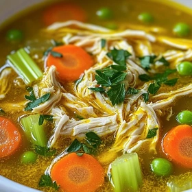 Close-up of Anti-Inflammatory Turmeric Chicken Soup showing texture, layers, and glossy finish
