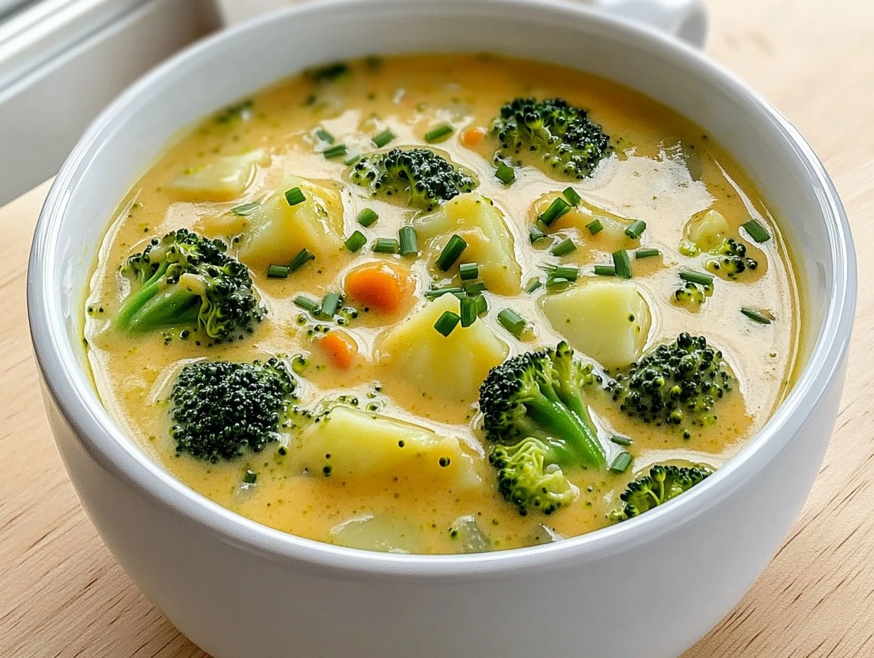 Perfectly cooked Creamy Broccoli Potato Cheese Soup served and ready to eat - final result